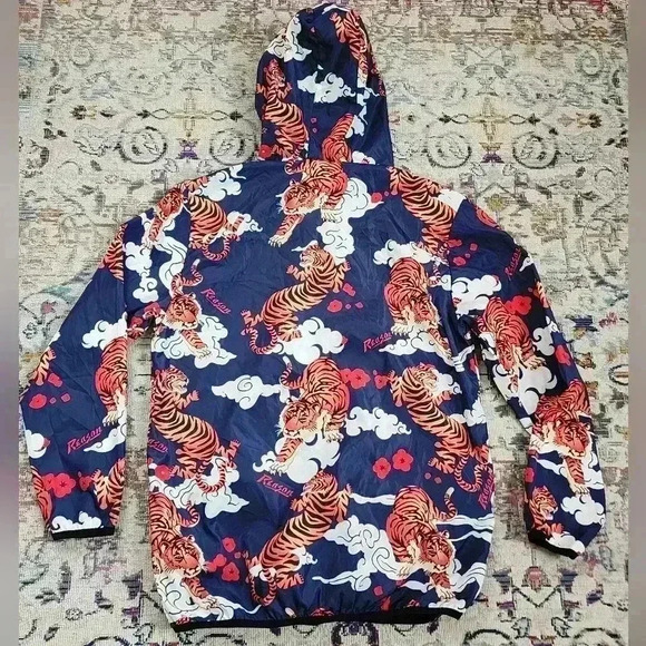 Reason Brand Mens Navy Orange Jacket Japanese Tiger Pullover Hoodie, sz Small - Picture 3 of 13